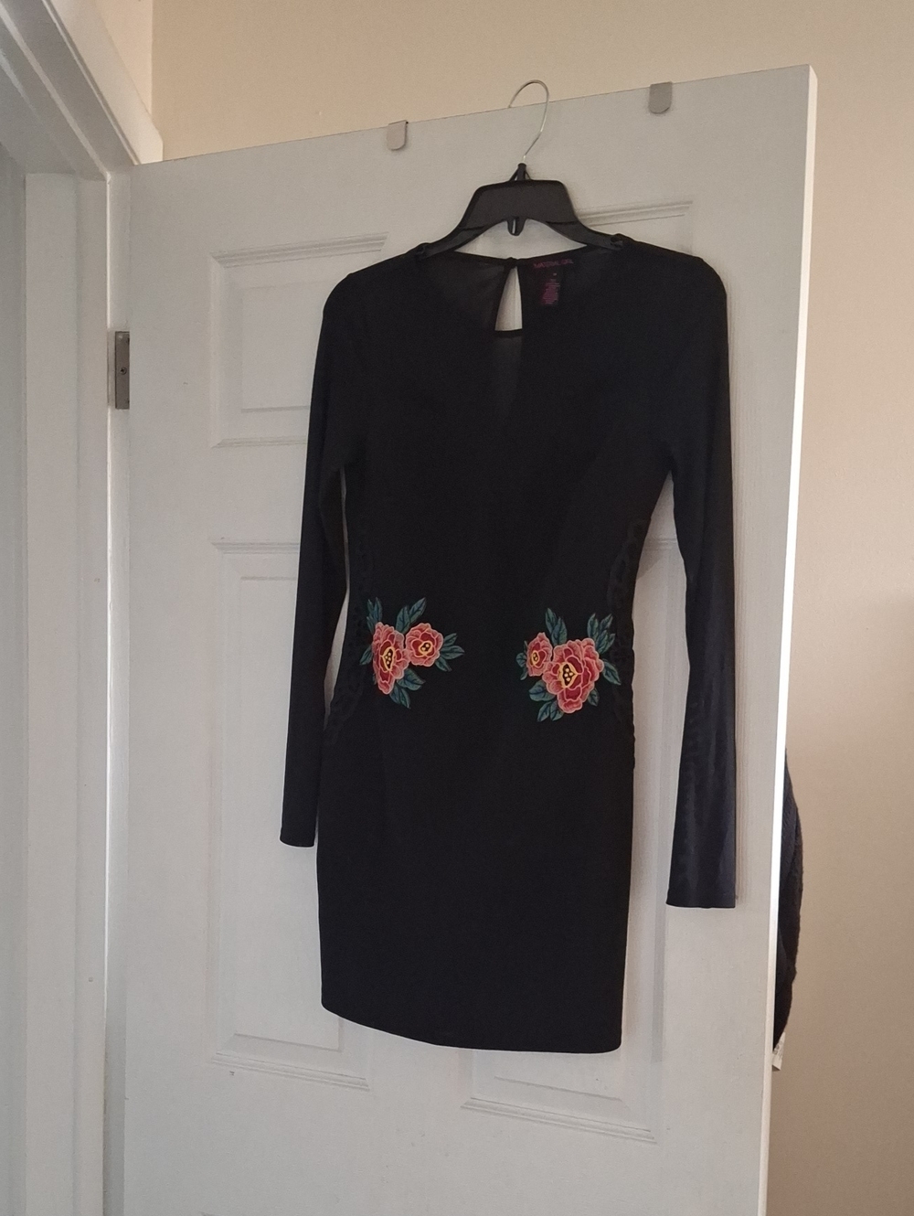 Material Girl Ladies Black Long-Sleeve Dress with Rose Embroidery